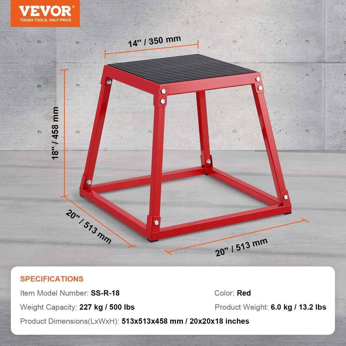 VEVOR plüomeetriline hüppekast 46 cm, teras, libisemiskindla pinnaga, punane