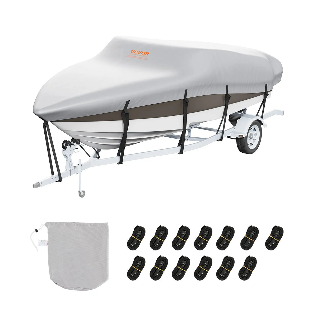 VEVOR Boat Cover, 5180–5790 mm, Trailerable, Waterproof, 600D Marine Grade PU Oxford, with Motor Cover and Tie-Down Straps, Fits V-Hull, Tri-Hull, Fish Ski, Runabout, Bass Boats
