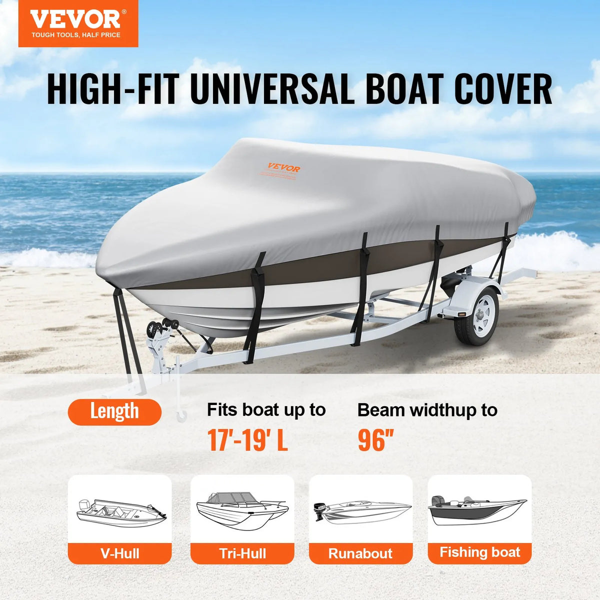 VEVOR Boat Cover, 5180–5790 mm, Trailerable, Waterproof, 600D Marine Grade PU Oxford, with Motor Cover and Tie-Down Straps, Fits V-Hull, Tri-Hull, Fish Ski, Runabout, Bass Boats
