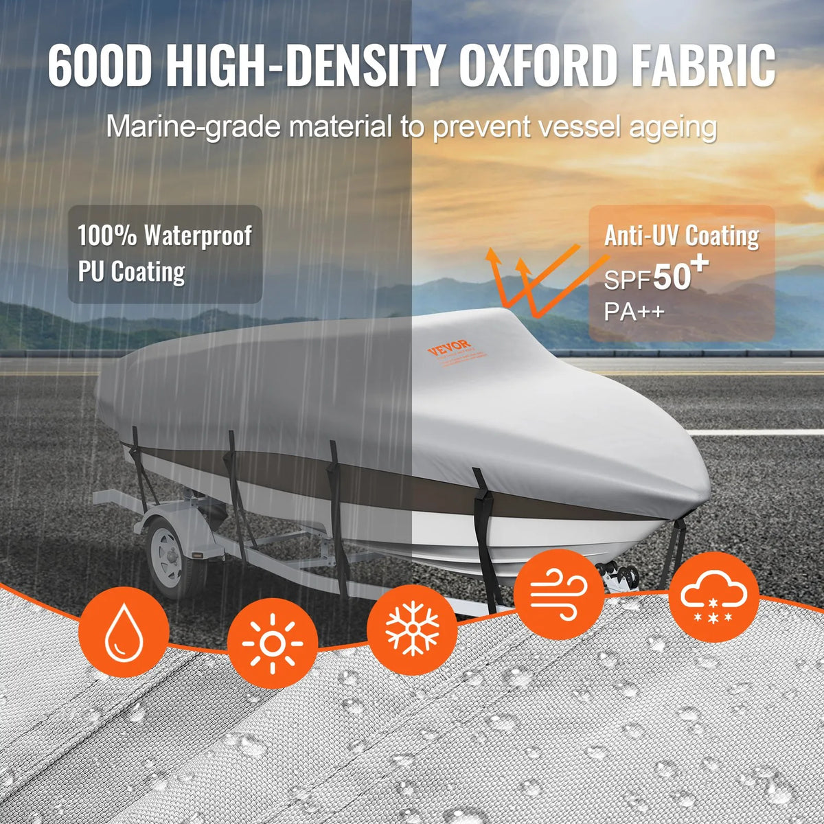 VEVOR Boat Cover, 5180–5790 mm, Trailerable, Waterproof, 600D Marine Grade PU Oxford, with Motor Cover and Tie-Down Straps, Fits V-Hull, Tri-Hull, Fish Ski, Runabout, Bass Boats