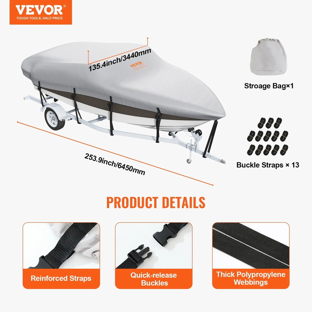 VEVOR Boat Cover, 5180–5790 mm, Trailerable, Waterproof, 600D Marine Grade PU Oxford, with Motor Cover and Tie-Down Straps, Fits V-Hull, Tri-Hull, Fish Ski, Runabout, Bass Boats