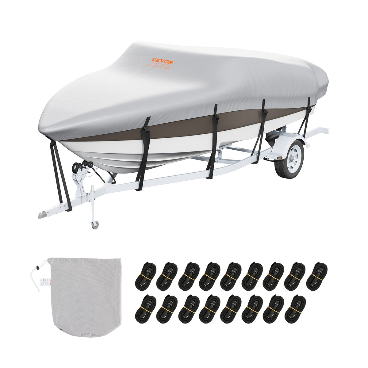 VEVOR Boat Cover 600D, 7010–7310 mm, Waterproof, Grey, with Motor Cover and Straps – Suitable for V-Hull, Tri-Hull, Fish Ski, Runabout, Bass Boats