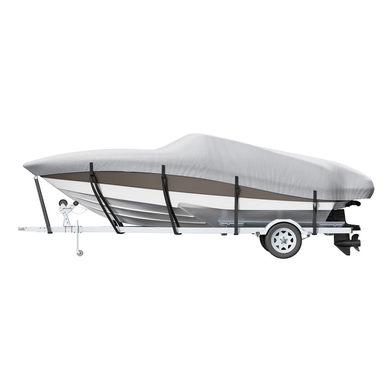 Laivas pārsegs VEVOR 600D, 7010–7310 mm, ūdensizturīgs, pelēks, ar motora pārsegu un siksnām – piemērots V-Hull, Tri-Hull, Fish Ski, Runabout, Bass laivām