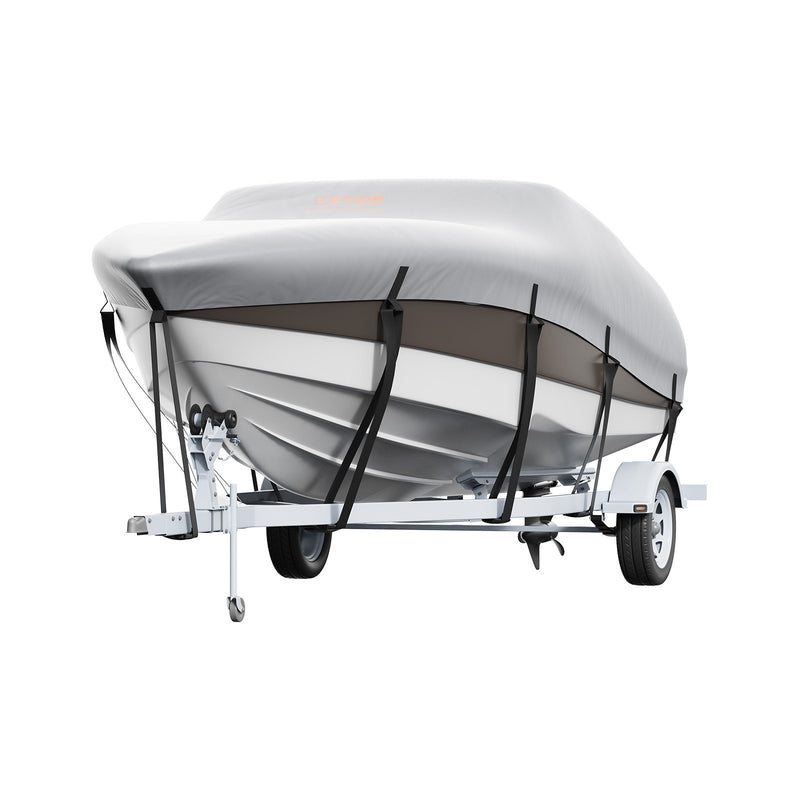 Laivas pārsegs VEVOR 600D, 7010–7310 mm, ūdensizturīgs, pelēks, ar motora pārsegu un siksnām – piemērots V-Hull, Tri-Hull, Fish Ski, Runabout, Bass laivām