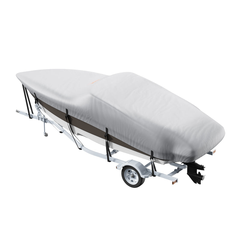 Laivas pārsegs VEVOR 600D, 7010–7310 mm, ūdensizturīgs, pelēks, ar motora pārsegu un siksnām – piemērots V-Hull, Tri-Hull, Fish Ski, Runabout, Bass laivām