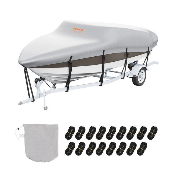 Laivas pārsegs VEVOR 600D, 7010–7310 mm, ūdensizturīgs, pelēks, ar motora pārsegu un siksnām – piemērots V-Hull, Tri-Hull, Fish Ski, Runabout, Bass laivām