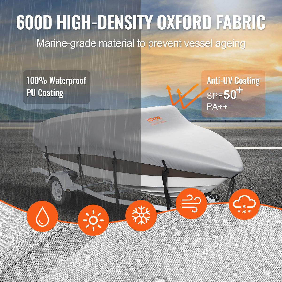 VEVOR Boat Cover 600D, 7010–7310 mm, Waterproof, Grey, with Motor Cover and Straps – Suitable for V-Hull, Tri-Hull, Fish Ski, Runabout, Bass Boats