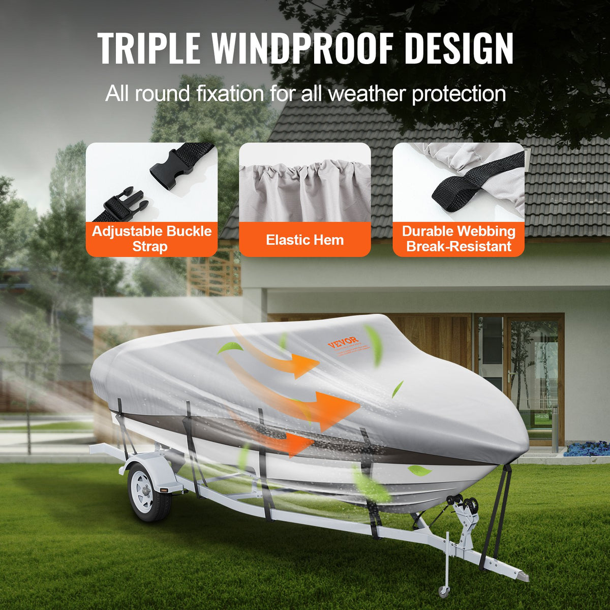 VEVOR Boat Cover 600D, 7010–7310 mm, Waterproof, Grey, with Motor Cover and Straps – Suitable for V-Hull, Tri-Hull, Fish Ski, Runabout, Bass Boats