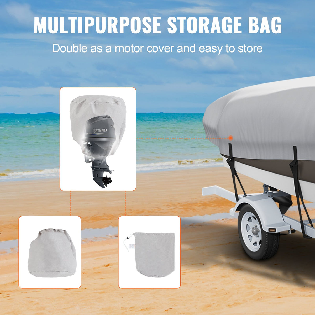 VEVOR Boat Cover 600D, 7010–7310 mm, Waterproof, Grey, with Motor Cover and Straps – Suitable for V-Hull, Tri-Hull, Fish Ski, Runabout, Bass Boats