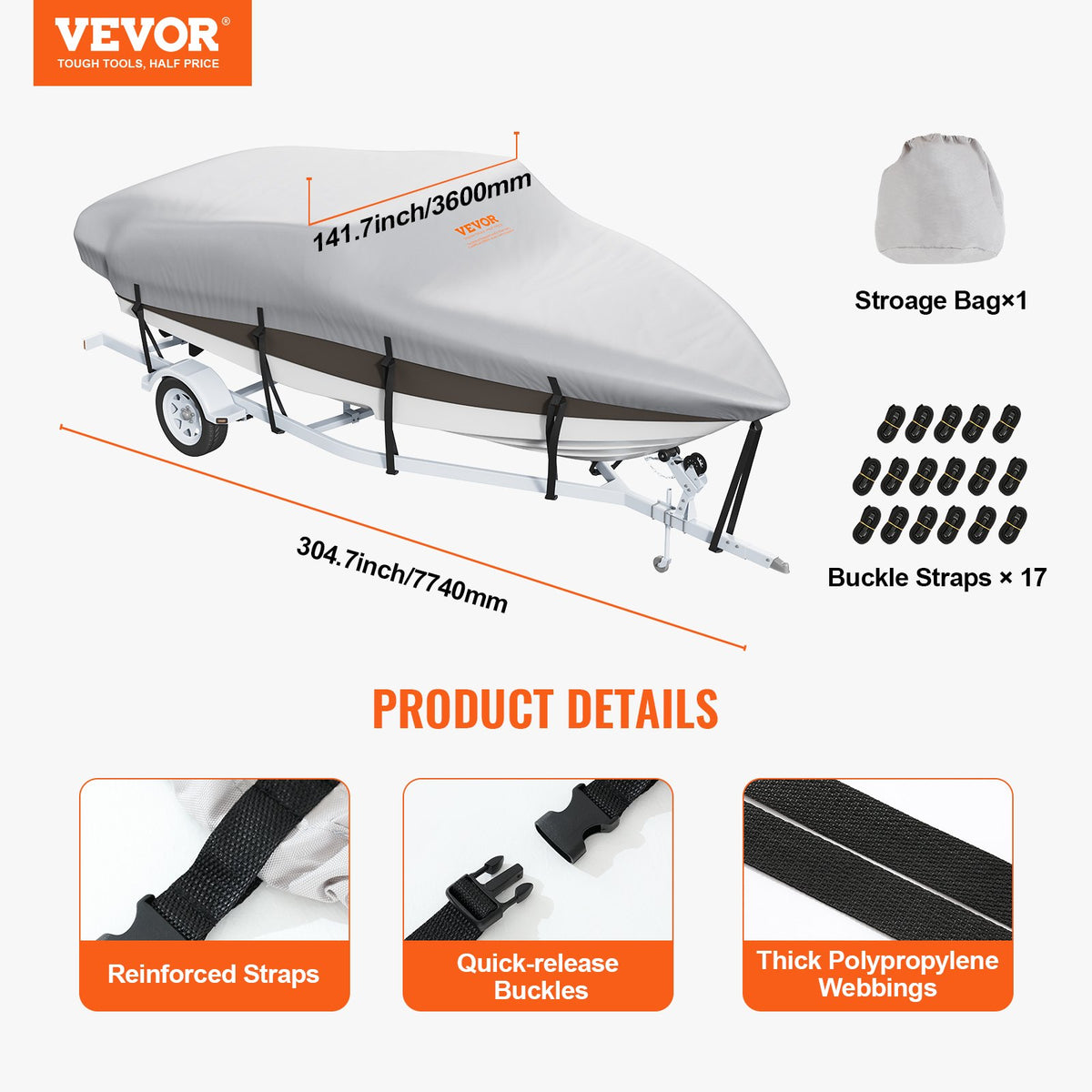 VEVOR Boat Cover 600D, 7010–7310 mm, Waterproof, Grey, with Motor Cover and Straps – Suitable for V-Hull, Tri-Hull, Fish Ski, Runabout, Bass Boats
