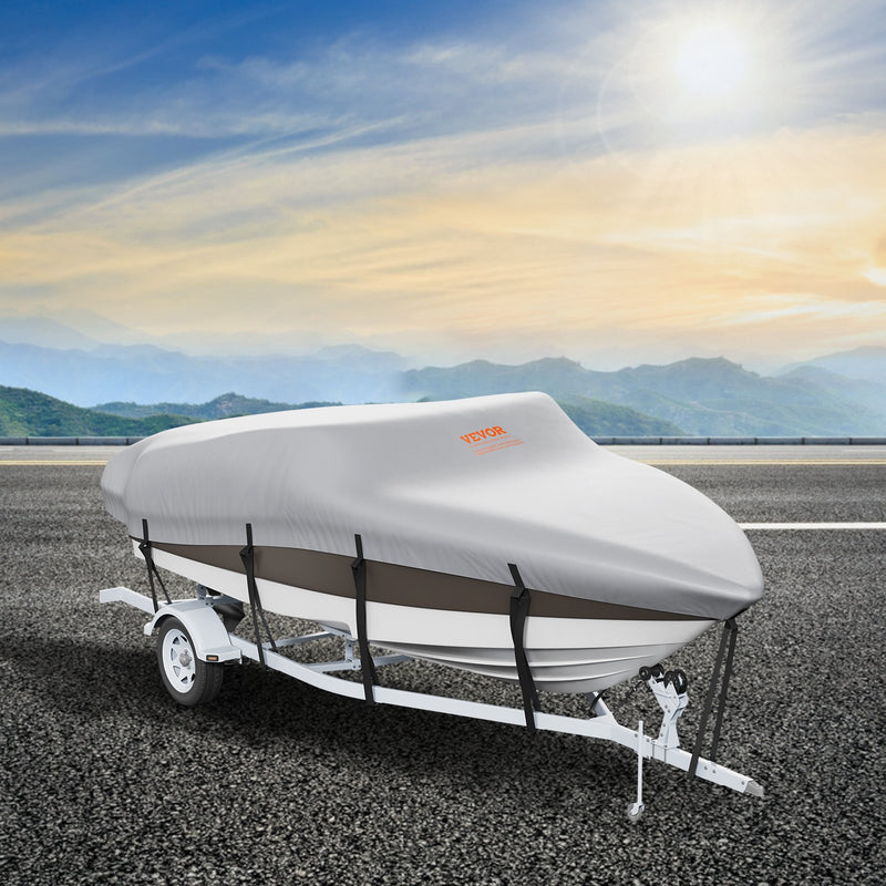Laivas pārsegs VEVOR 600D, 7010–7310 mm, ūdensizturīgs, pelēks, ar motora pārsegu un siksnām – piemērots V-Hull, Tri-Hull, Fish Ski, Runabout, Bass laivām