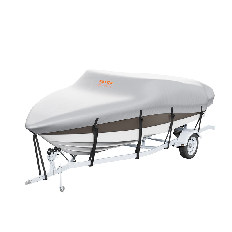 Laivas pārsegs VEVOR 600D, 7010–7310 mm, ūdensizturīgs, pelēks, ar motora pārsegu un siksnām – piemērots V-Hull, Tri-Hull, Fish Ski, Runabout, Bass laivām