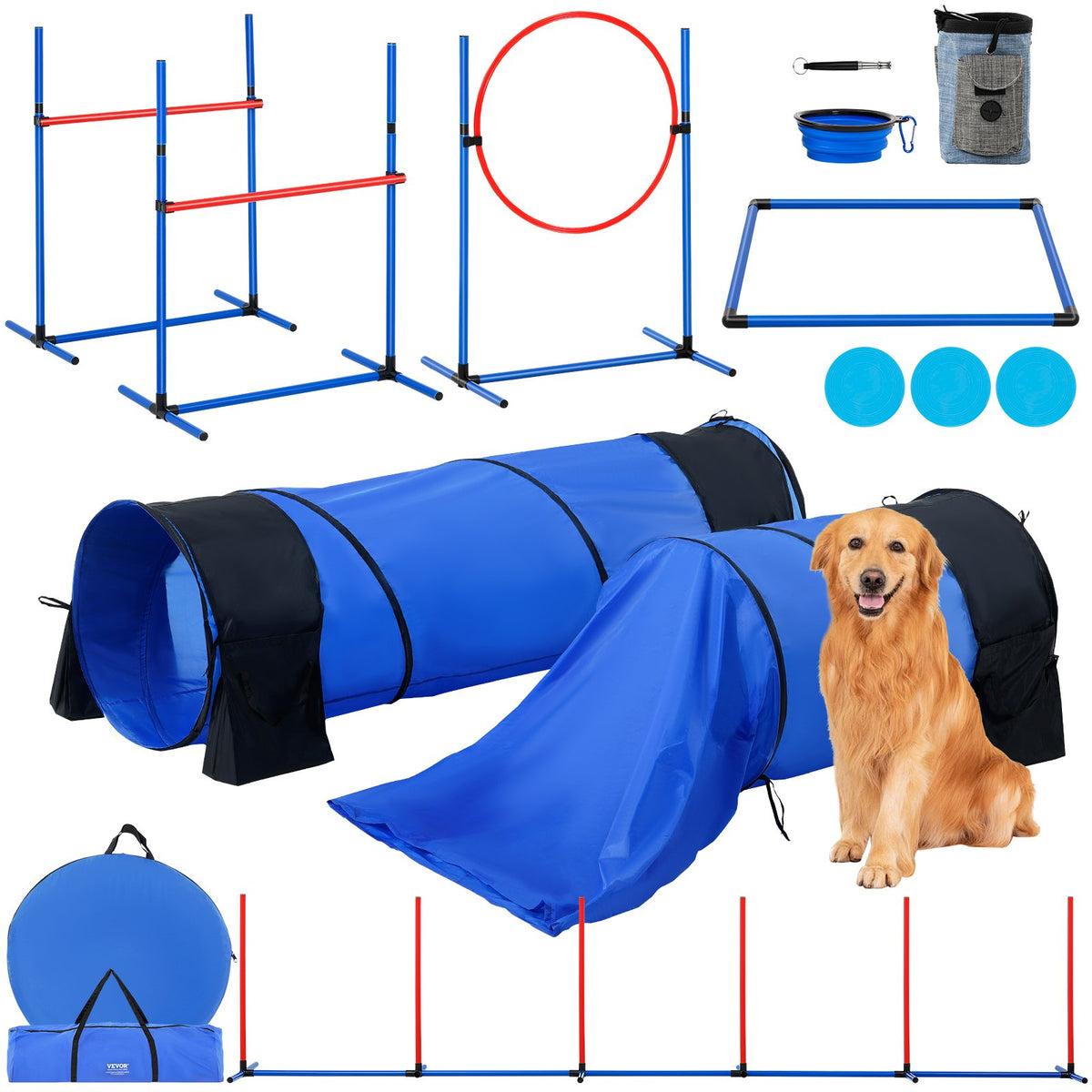 VEVOR suņu veiklības (agility) treniņu komplekts, 7 daļas – šķēršļi un tuneļi