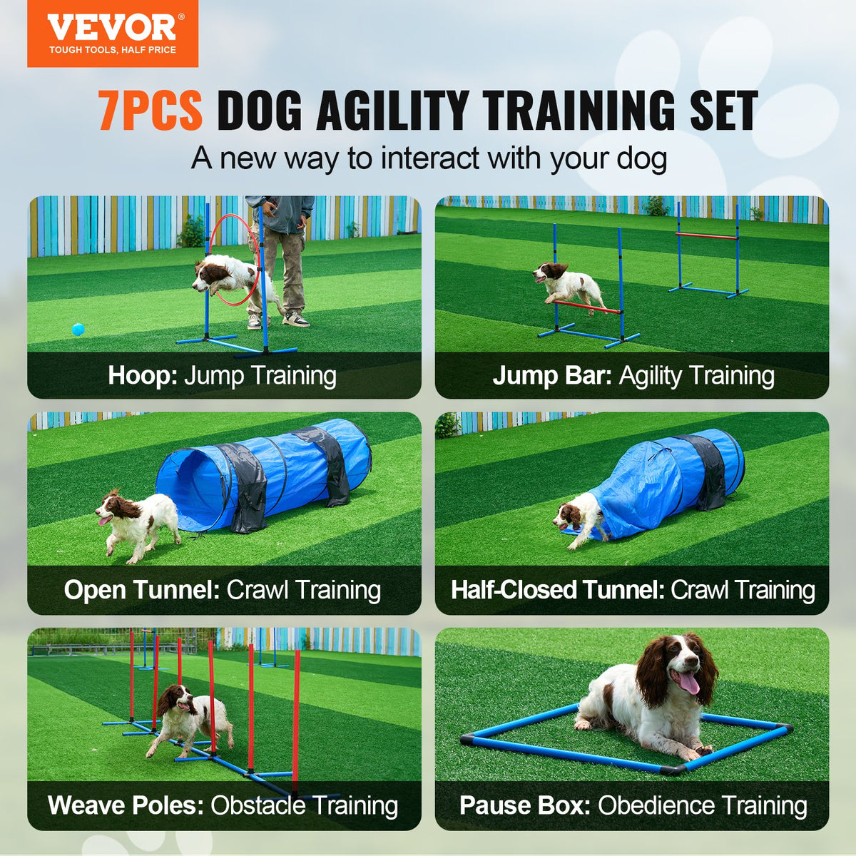 VEVOR suņu veiklības (agility) treniņu komplekts, 7 daļas – šķēršļi un tuneļi