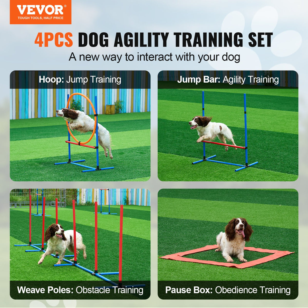 VEVOR koerte agility treeningkomplekt, 4 osa – tõkked, hüpperõngas, pausiala