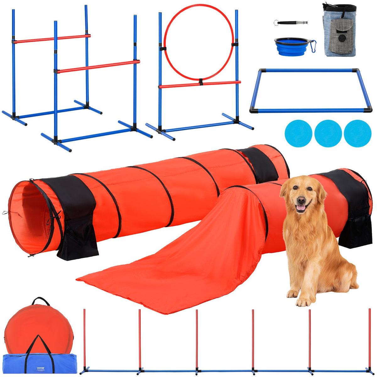 VEVOR suņu veiklības (agility) treniņu komplekts, 7 daļas – šķēršļi, tuneļi un lēciena riņķis