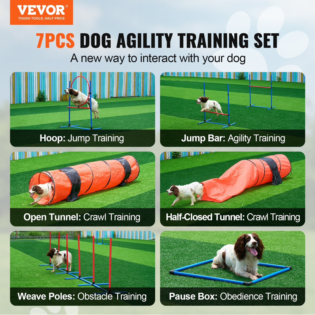 VEVOR suņu veiklības (agility) treniņu komplekts, 7 daļas – šķēršļi, tuneļi un lēciena riņķis