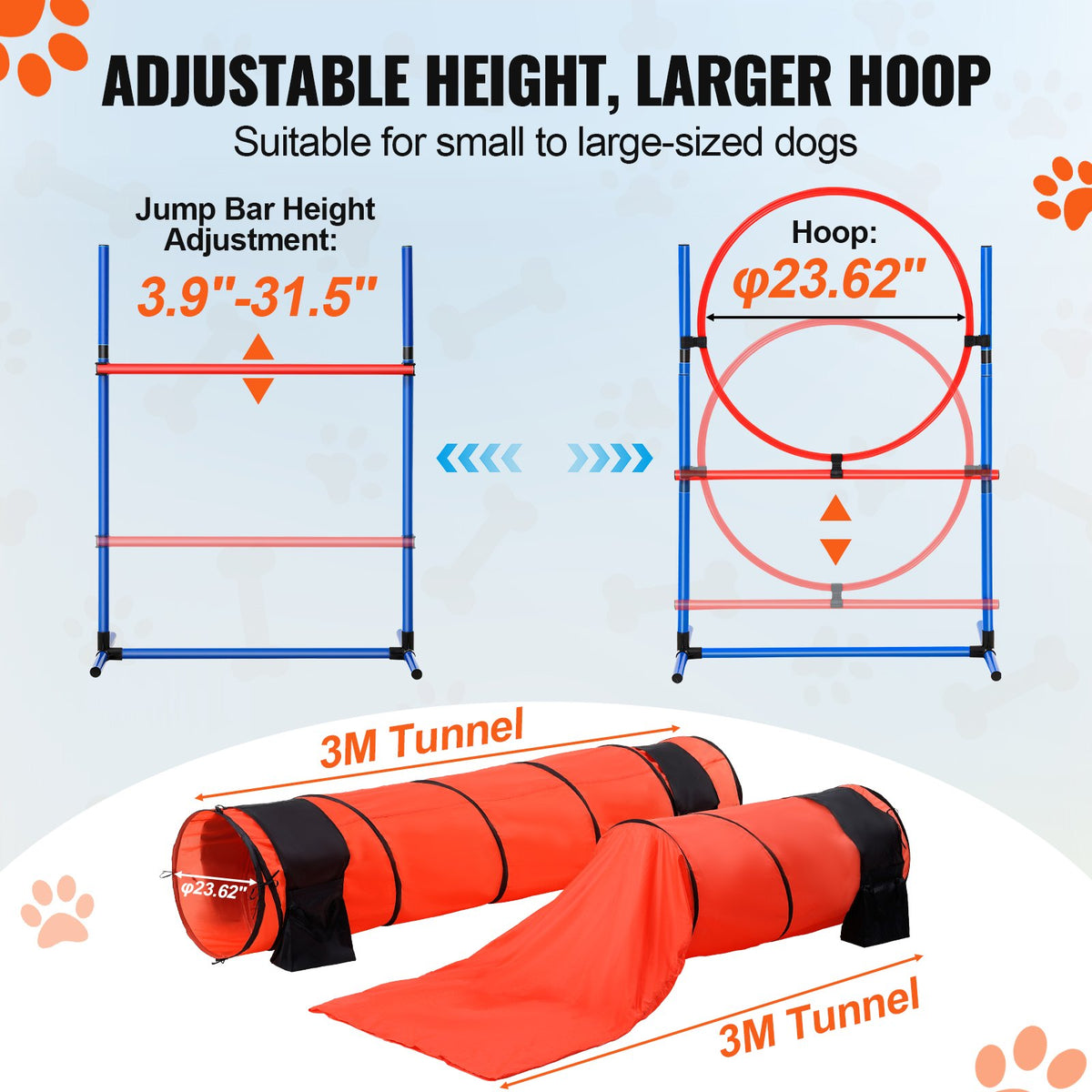 VEVOR suņu veiklības (agility) treniņu komplekts, 7 daļas – šķēršļi, tuneļi un lēciena riņķis