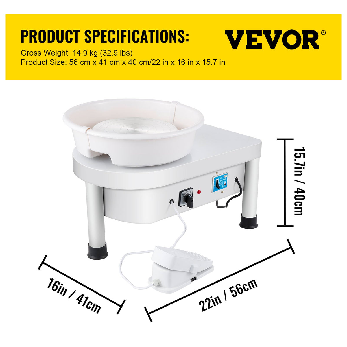 VEVOR Pottery Wheel 25 cm, 280 W, with Foot Pedal and Removable Bowl