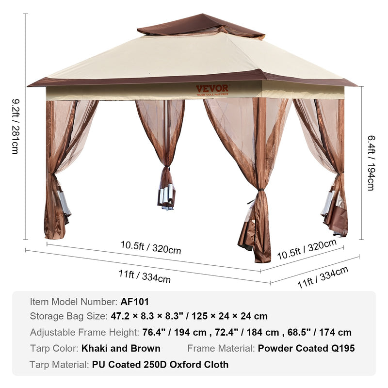 VEVOR Āra lapene 3.3 x 3.3 m ar pretmoskītu tīklu un izturīgu tērauda rāmi un 250D Oxford pārklājumu, ideāla atpūtai, āra ballītēm un dārza pasākumiem, gaiši brūna