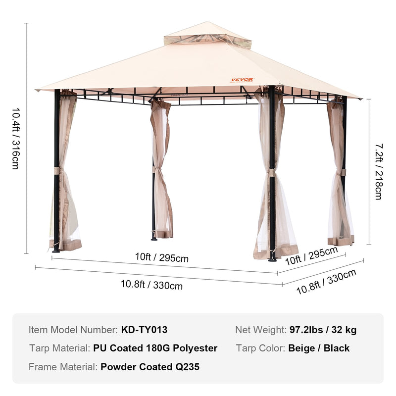 VEVOR Āra lapene 3 x 3 m ar pretmoskītu tīklu un izturīgu tērauda rāmi un 180 G poliesteru ar PU pārklājumu, ideāla atpūtai, āra ballītēm un dārza pasākumiem, gaiši brūna