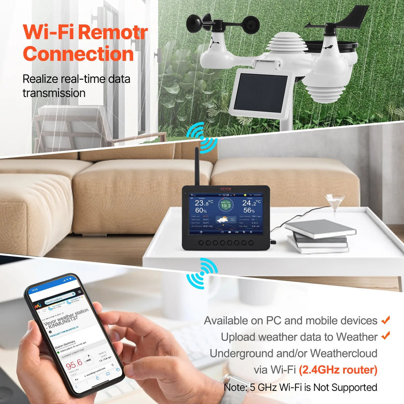 7 in 1 Wi-Fi laika stacijas ar bezvadu āra sensoru un 178 mm TFT displeju