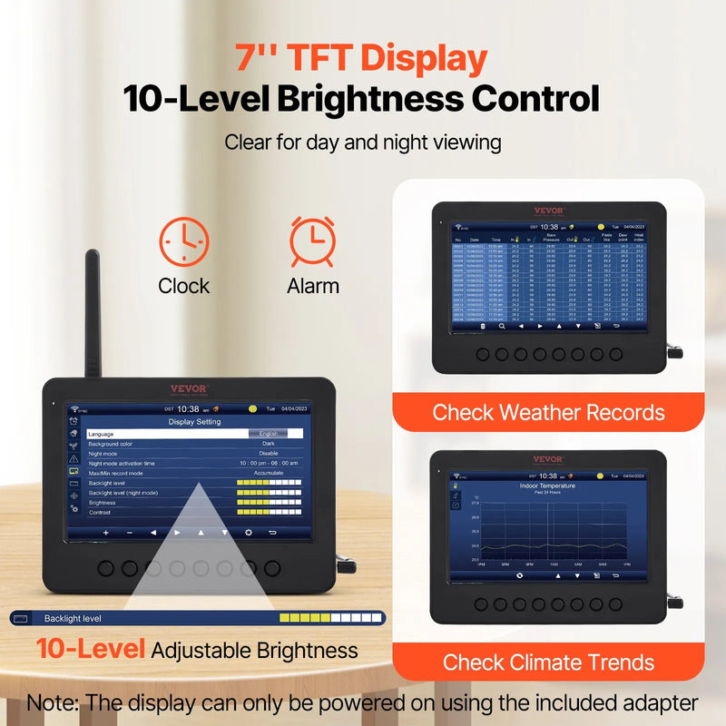 7 in 1 Wi-Fi laika stacijas ar bezvadu āra sensoru un 178 mm TFT displeju