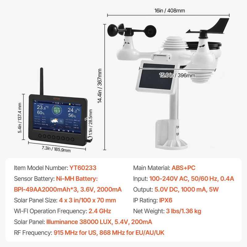 7 in 1 Wi-Fi laika stacijas ar bezvadu āra sensoru un 178 mm TFT displeju