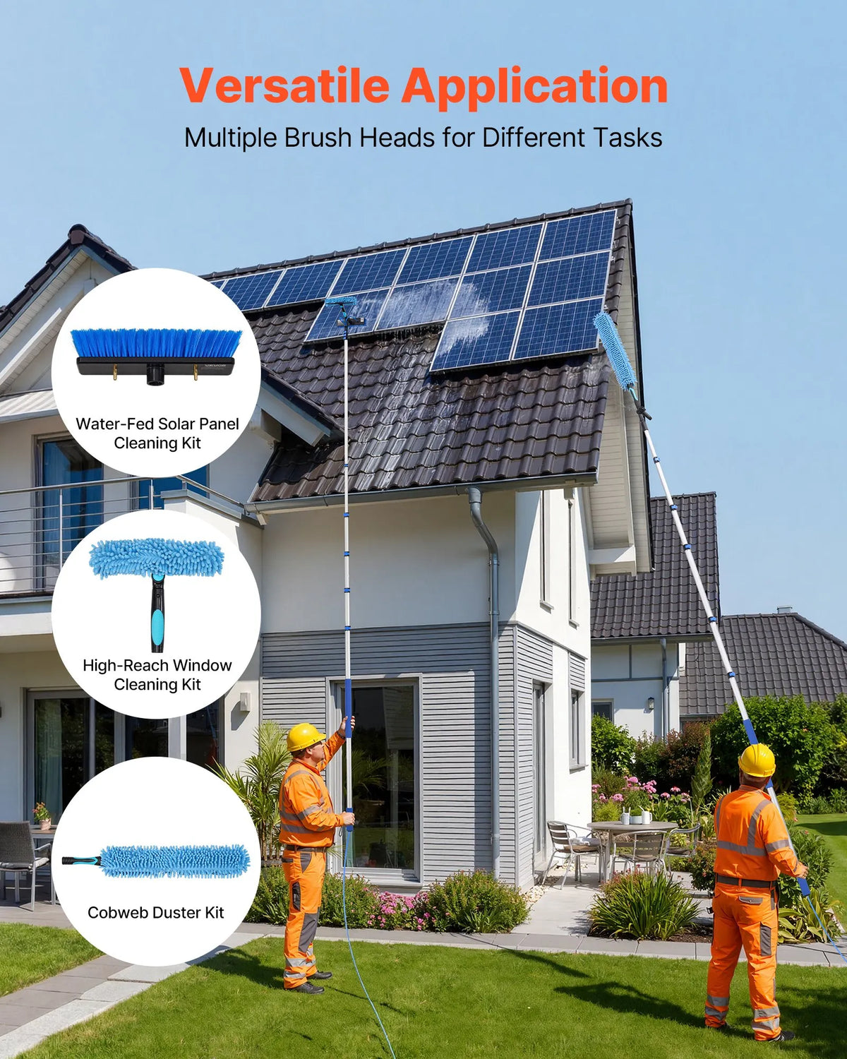 VEVOR saules paneļu tīrīšanas komplekts ar ūdens padeves teleskopisko kātu 10,02 m, ar birsti, ziepju dozatoru un 180° rotējošu birstes galvu, paredzēts jumta saules paneļu un logu tīrīšanai - ZEMLETES.LV