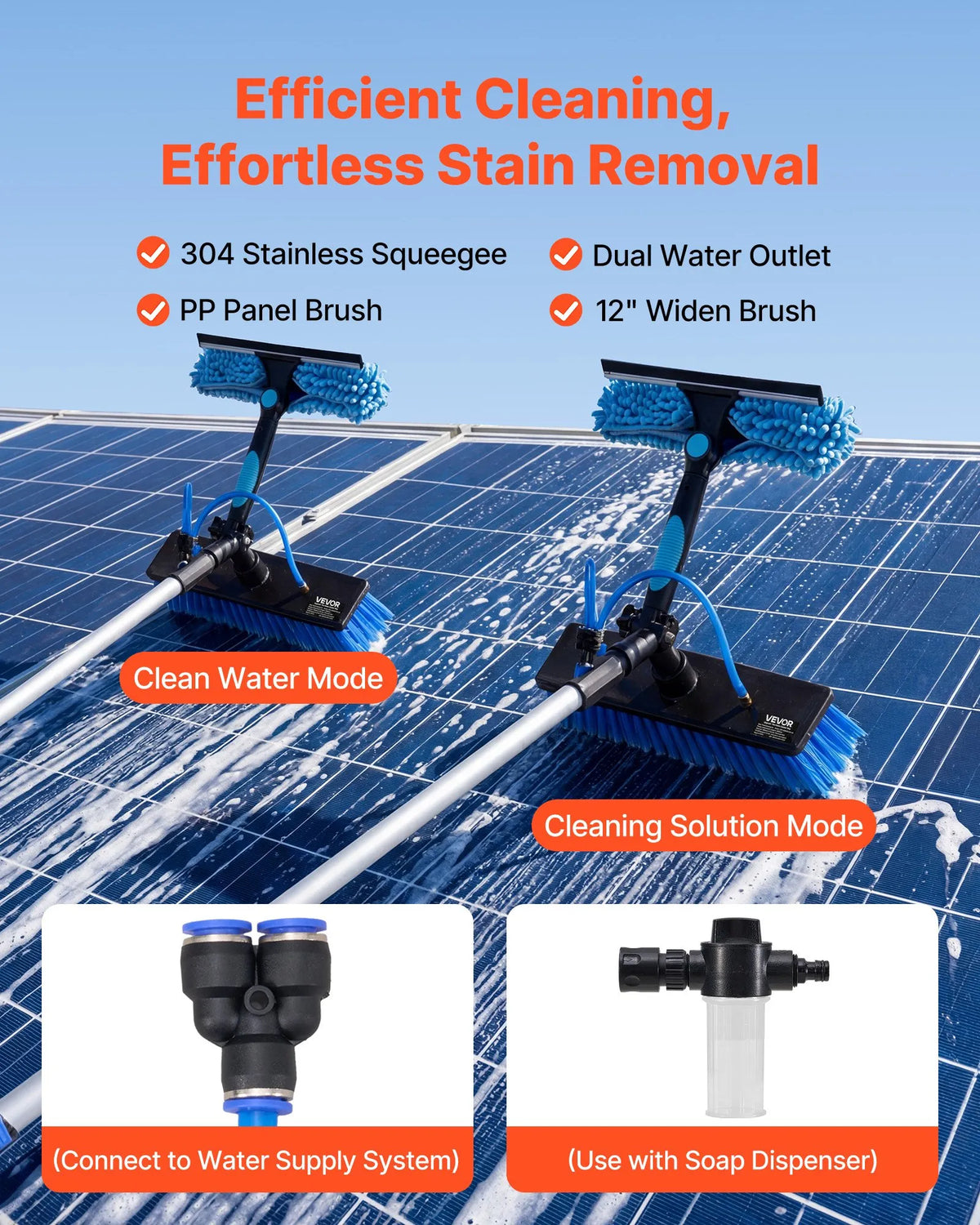 VEVOR saules paneļu tīrīšanas komplekts ar ūdens padeves teleskopisko kātu 7,89 m, ar birsti, ziepju dozatoru un 180° rotējošu birstes galvu, paredzēts jumta saules paneļu un logu tīrīšanai - ZEMLETES.LV