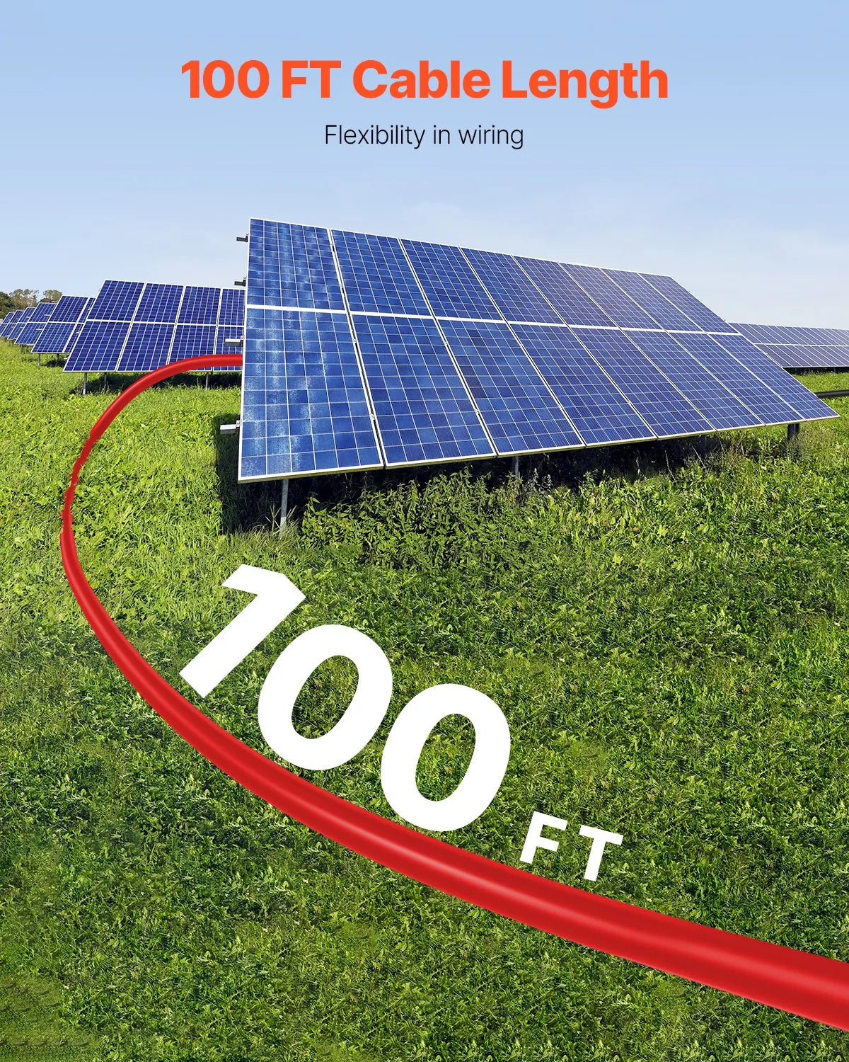VEVOR saules paneļu pagarinājuma kabelis 30,48 m, 6 mm² / 10 AWG, IP67 ūdensizturīgs PV kabelis mājas, kuģu un kemperu saules paneļiem, sarkans