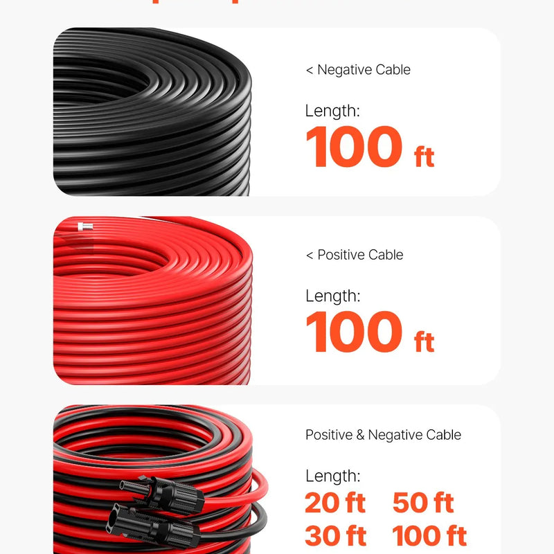 VEVOR saules paneļu pagarinājuma kabelis 30,48 m, 6 mm² / 10 AWG, IP67 ūdensizturīgs PV kabelis mājas, kuģu un kemperu saules paneļiem, sarkans