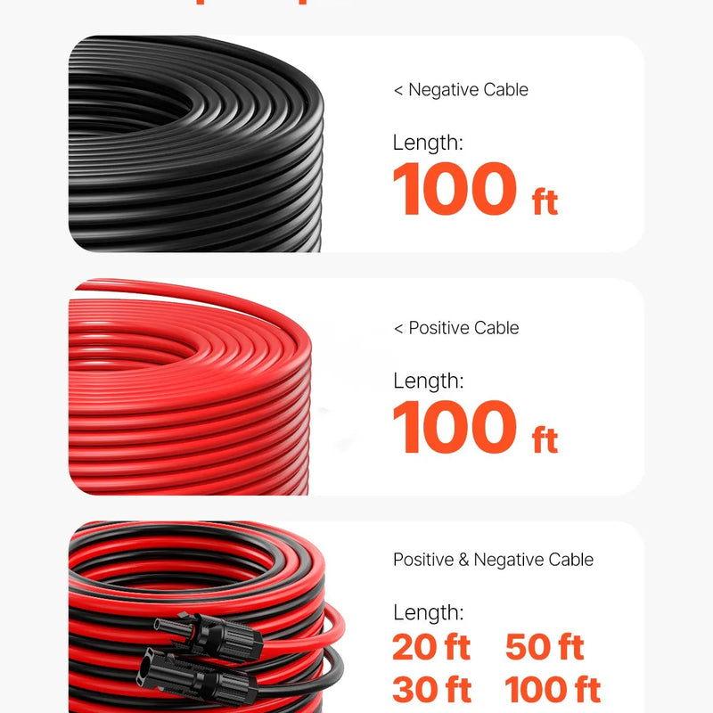 VEVOR saules paneļu pagarinātājkabeļu komplekts 30,48 m, 6 mm² PV kabelis ar ūdensizturīgiem vīrišķajiem un sievišķajiem savienotājiem, mājai, laivām un kemperiem, melns + sarkans (2 gab.)