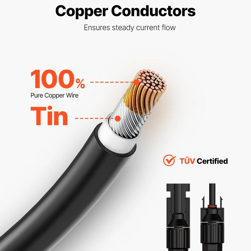 VEVOR 6,1 m (20 ft) saules paneļu pagarinātājkabelis ar sieviešu un vīriešu savienotājiem, 10 AWG / 6 mm², 1 pāris.