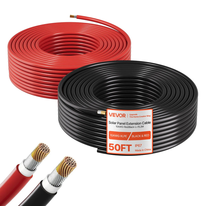 VEVOR saules paneļu pagarinātājkabeļu komplekts, 15,24m melns + 15,24m sarkans, 6mm², alvota vara PV kabelis, IP67, mājas, autonomām fotoelektriskajām sistēmām, automašīnām, kemperiem un laivām