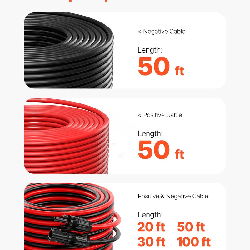 VEVOR 15,24 m saules paneļu pagarinājuma kabeļu komplekts, 6 mm² PV kabeļi ar ūdensizturīgiem savienotājiem, melns un sarkans, paredzēti mājas, kuģu un kemperu saules paneļiem (2 gab.)