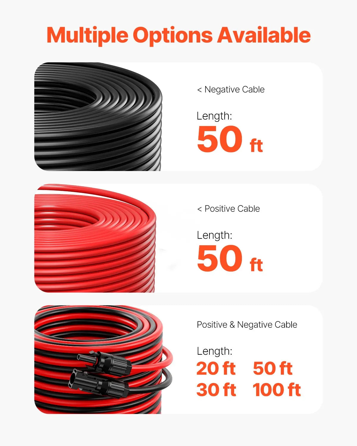 VEVOR Saules pagarinājuma kabeļi 15,24m — 6mm², melns+sarkans