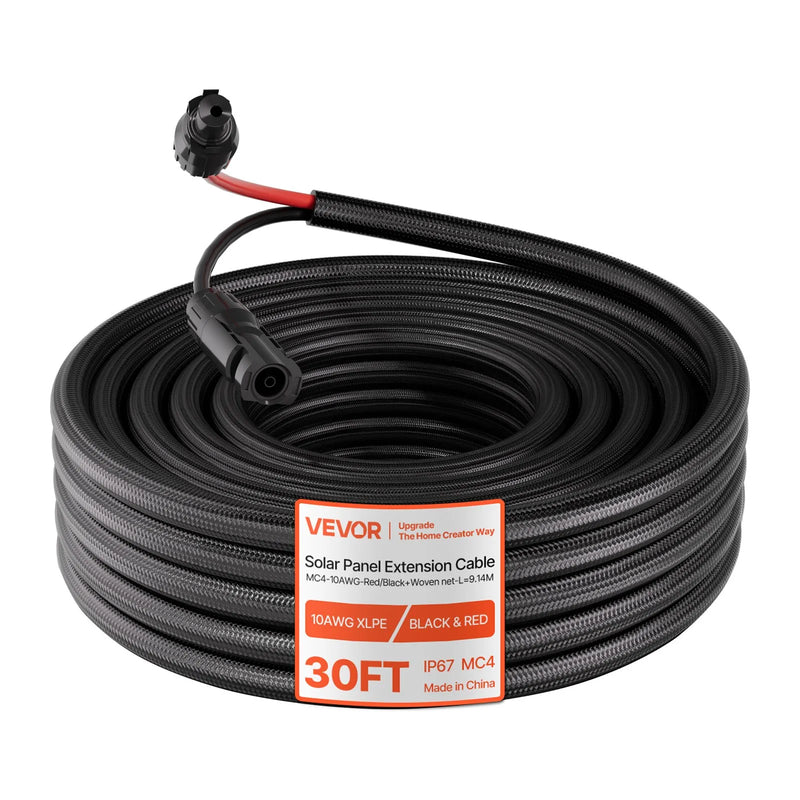 VEVOR saules paneļu pagarinātājkabeļu komplekts, 9,14m, 6mm², ar ugunsdrošu aizsargapvalku, vīrišķo un sievišķo savienotāju, IP67, PV kabelis automašīnām, kemperiem un āra saules enerģijas sistēmām, melns un sarkans