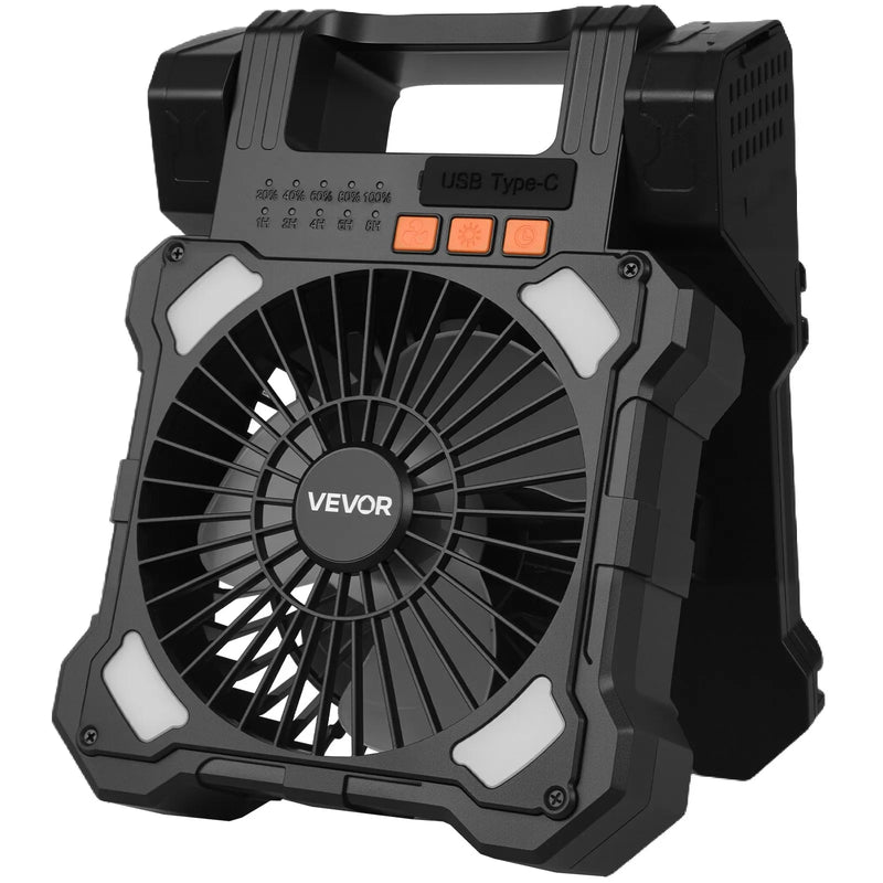 VEVOR uzlādējams saules ventilators 20 000 mAh ar LED laternu, 20 cm pārnēsājams bezvadu ventilators ar 7 W salokāmu saules paneli, 5 ātrumi, taimeris, kluss, USB barošana kempingam, teltij un darbam