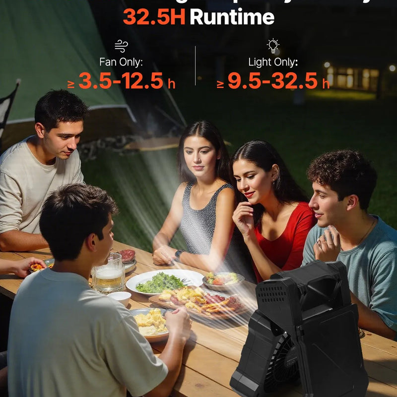 VEVOR uzlādējams saules ventilators 20 000 mAh ar LED laternu, 20 cm pārnēsājams bezvadu ventilators ar 7 W salokāmu saules paneli, 5 ātrumi, taimeris, kluss, USB barošana kempingam, teltij un darbam