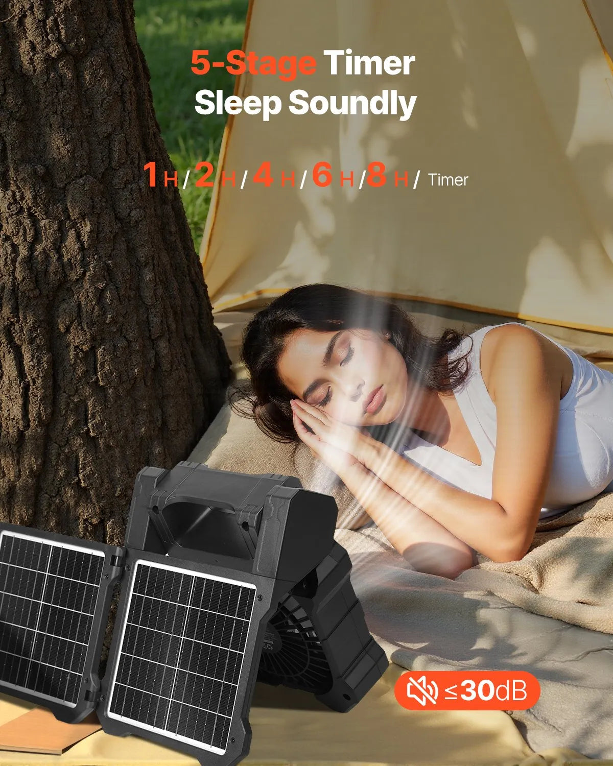 VEVOR Rechargeable Solar Fan 20,000 mAh with LED Lantern, 20 cm Portable Cordless Fan with 7 W Foldable Solar Panel, 5 Speeds, Timer, Quiet, USB Powered for Camping, Tent and Work