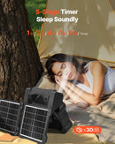 VEVOR uzlādējams saules ventilators 20 000 mAh ar LED laternu, 20 cm pārnēsājams bezvadu ventilators ar 7 W salokāmu saules paneli, 5 ātrumi, taimeris, kluss, USB barošana kempingam, teltij un darbam