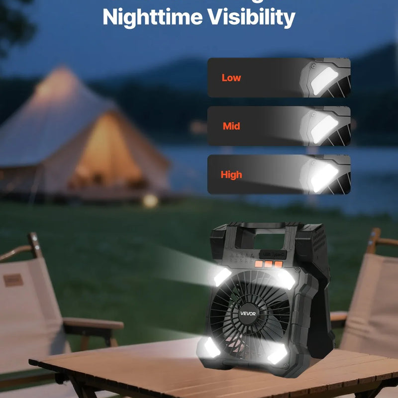 VEVOR uzlādējams saules ventilators 20 000 mAh ar LED laternu, 20 cm pārnēsājams bezvadu ventilators ar 7 W salokāmu saules paneli, 5 ātrumi, taimeris, kluss, USB barošana kempingam, teltij un darbam