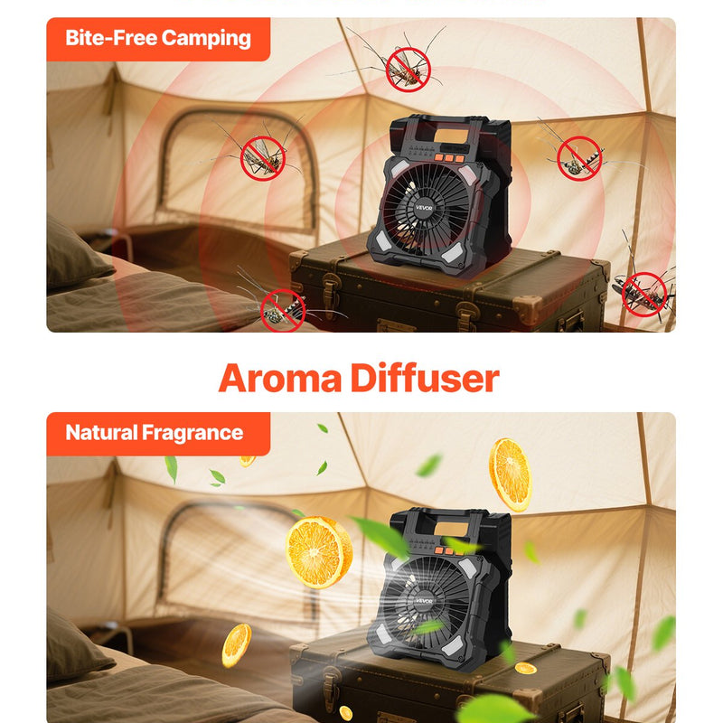 VEVOR uzlādējams saules ventilators 20 000 mAh ar LED laternu, 20 cm pārnēsājams bezvadu ventilators ar 7 W salokāmu saules paneli, 5 ātrumi, taimeris, kluss, USB barošana kempingam, teltij un darbam