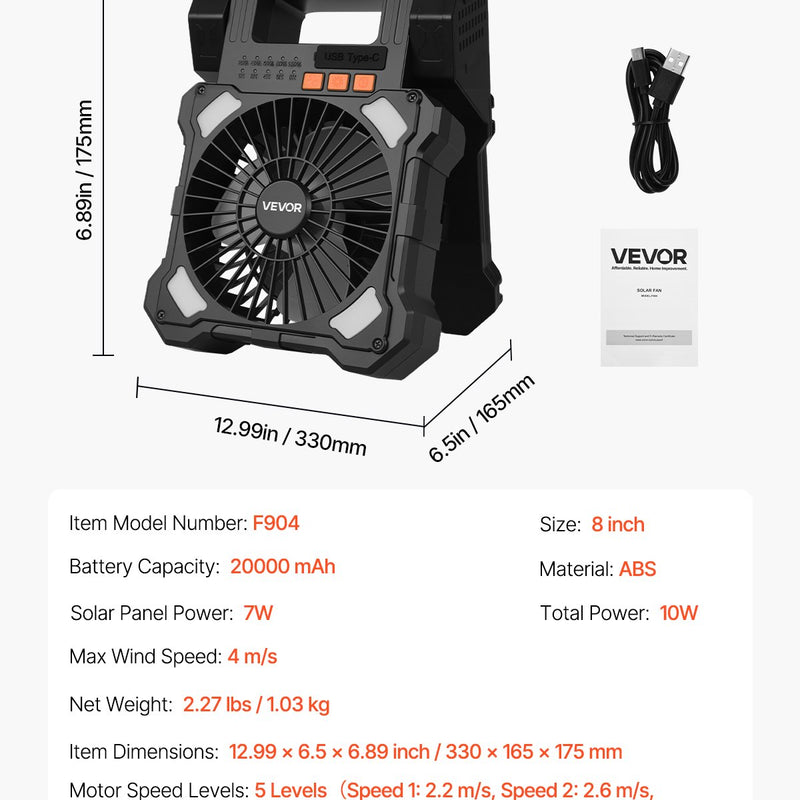 VEVOR uzlādējams saules ventilators 20 000 mAh ar LED laternu, 20 cm pārnēsājams bezvadu ventilators ar 7 W salokāmu saules paneli, 5 ātrumi, taimeris, kluss, USB barošana kempingam, teltij un darbam