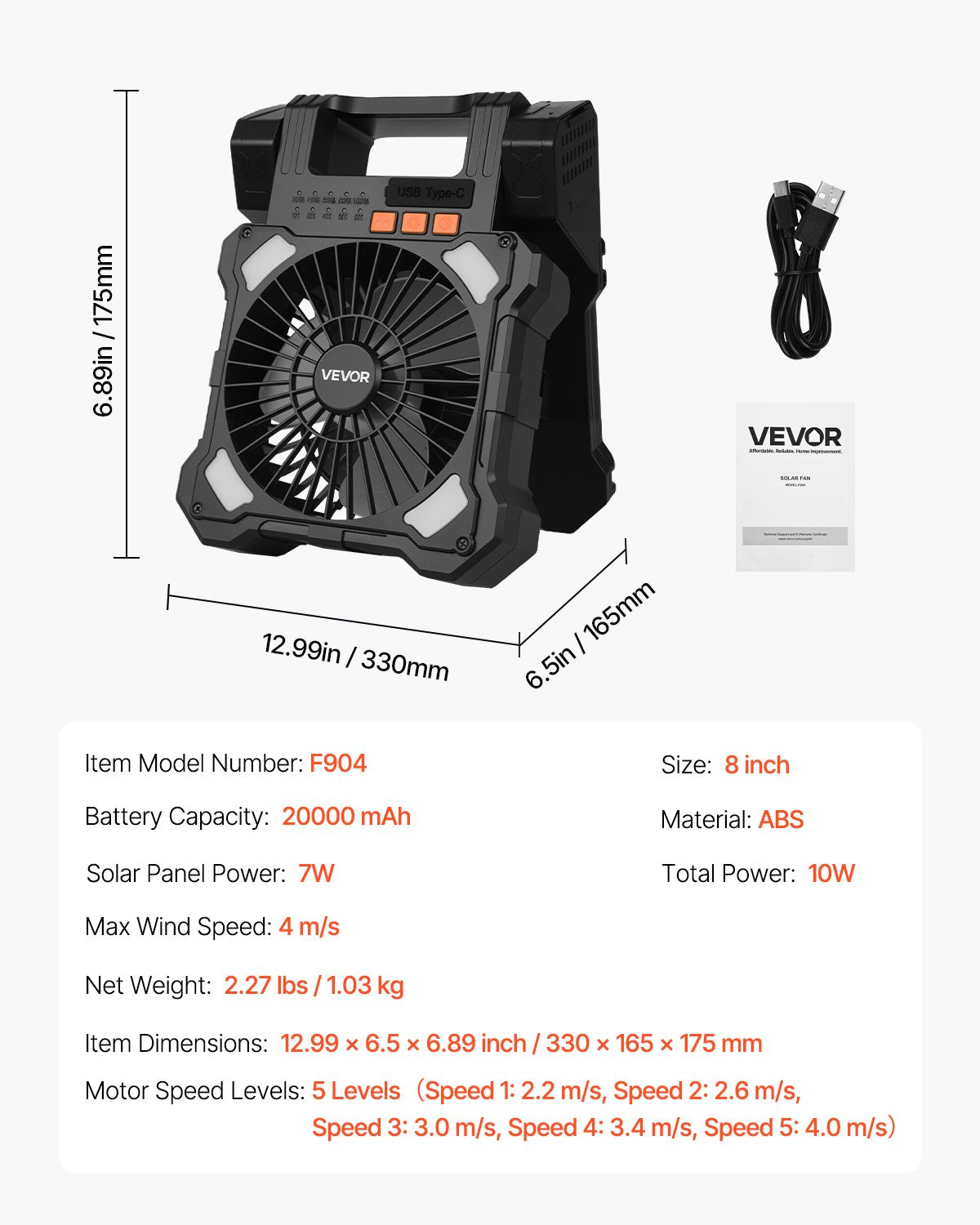 VEVOR Rechargeable Solar Fan 20,000 mAh with LED Lantern, 20 cm Portable Cordless Fan with 7 W Foldable Solar Panel, 5 Speeds, Timer, Quiet, USB Powered for Camping, Tent and Work