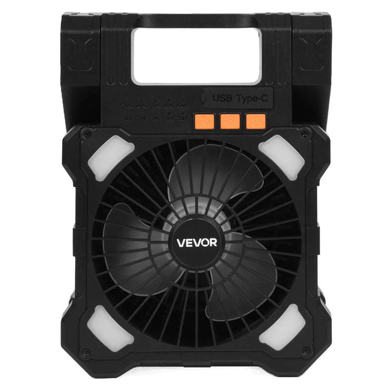 VEVOR uzlādējams saules ventilators 20 000 mAh ar LED laternu, 20 cm pārnēsājams bezvadu ventilators ar 7 W salokāmu saules paneli, 5 ātrumi, taimeris, kluss, USB barošana kempingam, teltij un darbam
