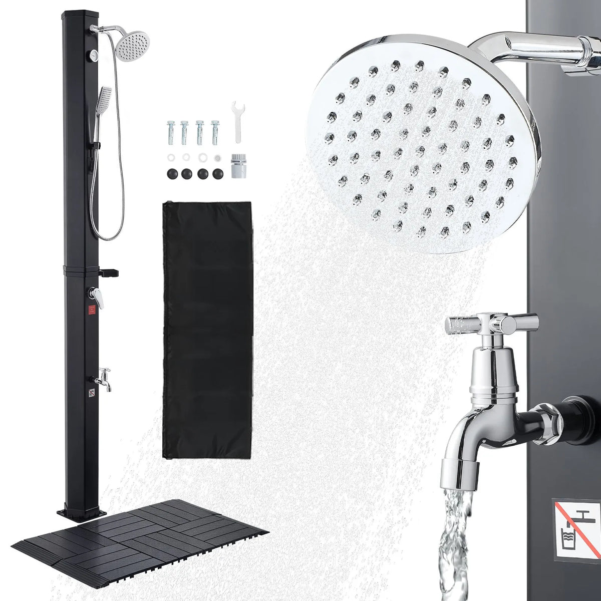 VEVOR Solar Heated Outdoor Shower 40 l, Shower Head Height 205 cm, with Base Kit, Hand and Foot Tap, Hot and Cold Water Control, Freestanding, for Garden, Pool and Beach, Black
