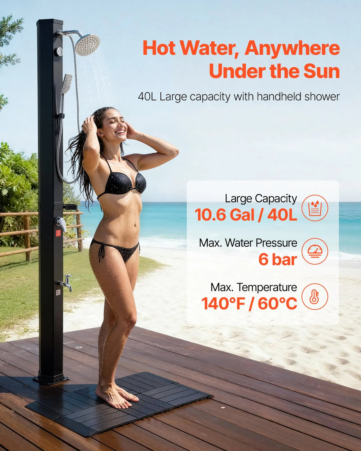 VEVOR Solar Heated Outdoor Shower 40 l, Shower Head Height 205 cm, with Base Kit, Hand and Foot Tap, Hot and Cold Water Control, Freestanding, for Garden, Pool and Beach, Black