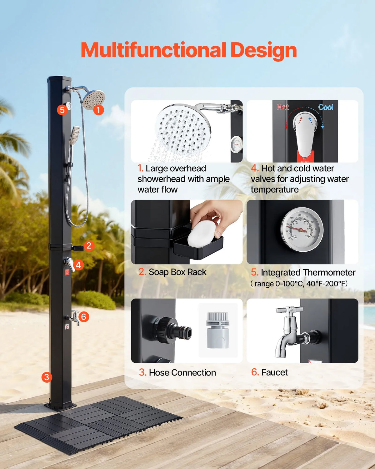 VEVOR Solar Heated Outdoor Shower 40 l, Shower Head Height 205 cm, with Base Kit, Hand and Foot Tap, Hot and Cold Water Control, Freestanding, for Garden, Pool and Beach, Black